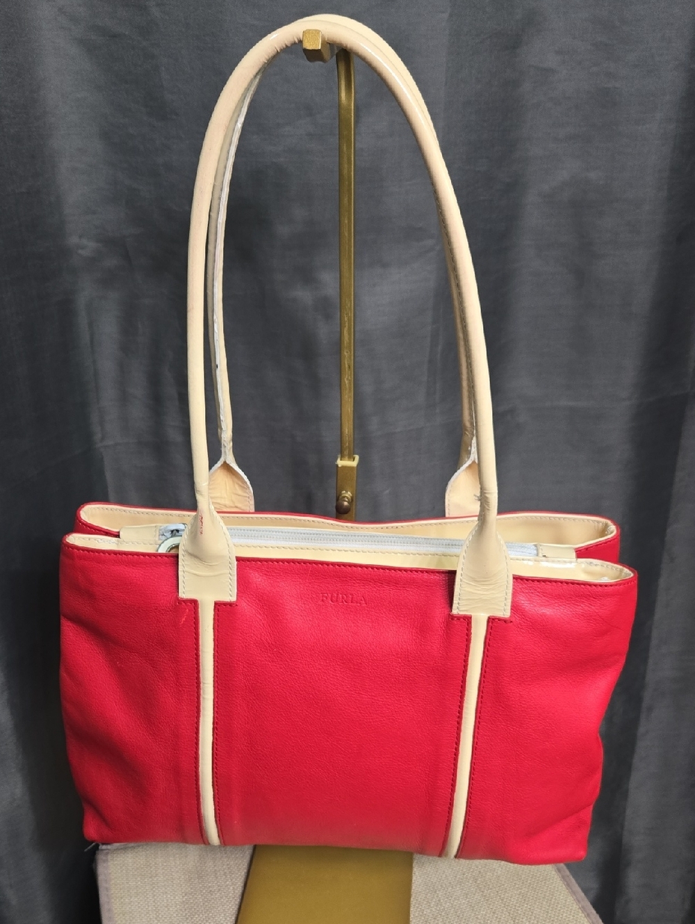 Furla Red Leather Tote Bag with Cream Trim & COA